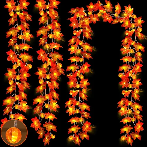 Vista 7 de Guirnalda de otoño con luces de calabaza, 30 pies, 60 luces LED patentadas, hojas de arce ampliadas, funciona con pilas, para interiores