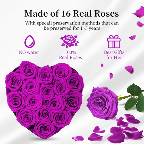 Vista 2 de Caja de 16 flores para siempre en forma de corazón, rosa eterna, rosas preservadas, rosas inmortales, regalo de cumpleaños para ella, mujeres