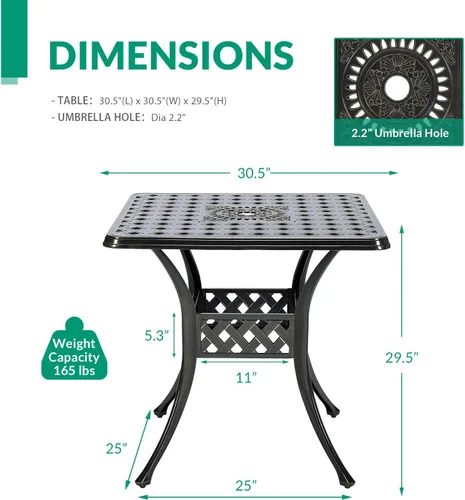 Vista 3 de VIVIJASON Mesa de patio de 30.5 pulgadas, mesa cuadrada de comedor al aire libre, mesa de comedor de aluminio fundido de bronce con agujero