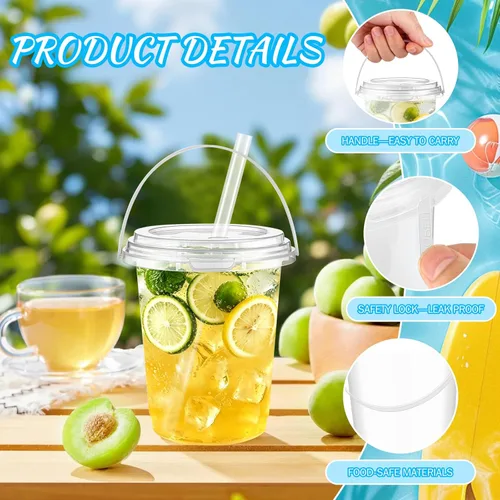 Vista 2 de 30 Sets 34 oz Drink Buckets with Lids and Straws, Disposable Clear Plastic Party Cups with Handles for Rum, Iced Coffee, Smoothies, Milkshakes