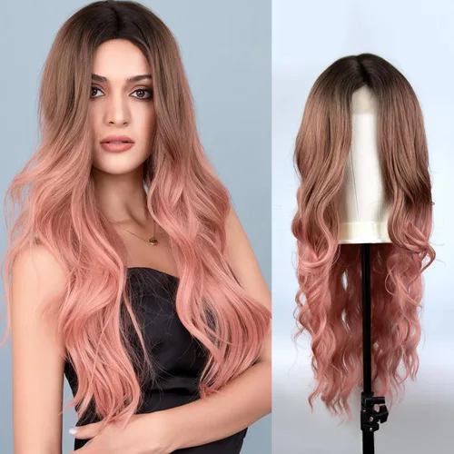 Peluca larga color rosa Omre para mujer, pelucas de cabello rosa de 24 pulgadas con encaje, peluca sintética rizada resistente al calor, peluca
