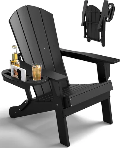 FOOWIN Silla Adirondack plegable, sillas Adirondack de polietileno de alta densidad con soporte para tazas, sillas de plástico resistentes a la