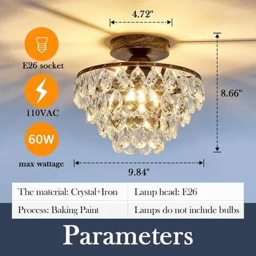 Vista 2 de Modern Celing Light Crystal Chandelier,Semi Flush Mount Small Oil Rubbed Bronze,Mini E26 Ceiling Lamp for Hallway Bedroom Bathroom Closet