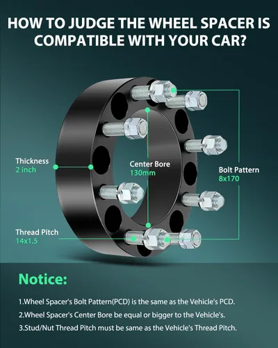 Vista 3 de SCITOO 2 adaptadores espaciadores de rueda de 2 pulgadas de 8 x 170 a 8 x 170 8 lengüetas de 14 x 1.5 pernos de 5.118 in compatibles con F-250