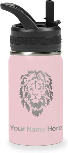 Vista 19 de LaserGram Botella de agua personalizada, cabeza de león, acero inoxidable de doble pared aislada al vacío con popote superior, regalo grabado Negro