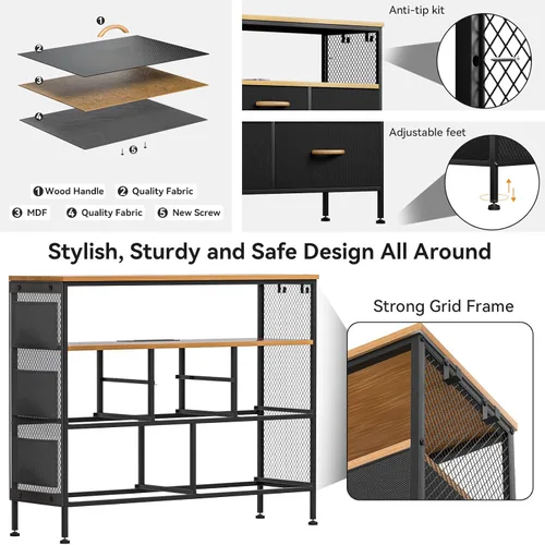 Vista 29 de Cómoda para dormitorio, soporte de TV con tomas de corriente y luz LED, cómoda de 6 cajones con bolsillos laterales y ganchos, cómoda ancha