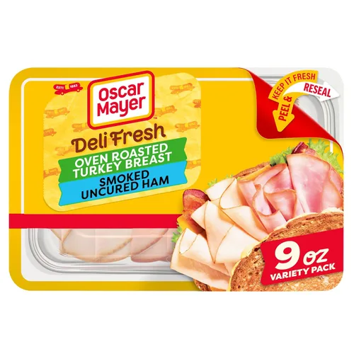 Oscar Mayer Deli Fresh Oven Pechuga de pavo asada y jamón ahumado sin curar, paquete variado de 9 onzas