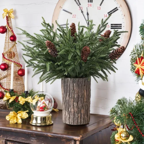 Vista 8 de florisso Ramas artificiales de pino Norfolk de Navidad para jarrones, 12 paquetes de ramas de pino sintético con 5 piezas de tallos de piña falsos