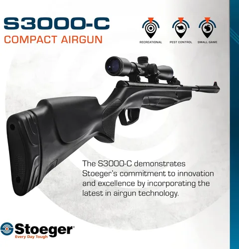 Vista 2 de Stoeger S3000-C - Combo de rifle de aire comprimido compacto - Calibre .177 - Sintético negro con miras de fibra óptica Combo - Incluye mira