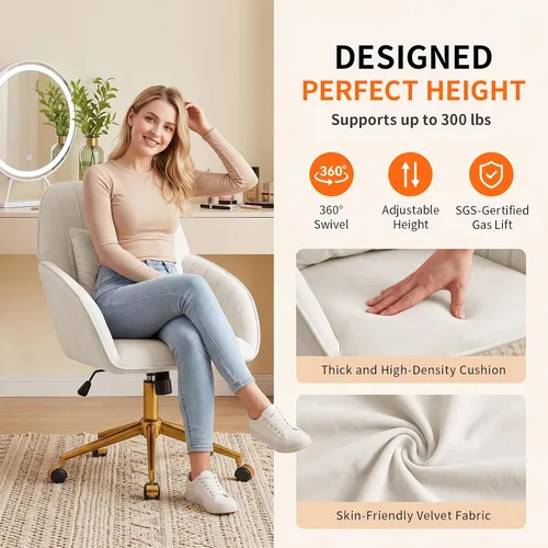 Vista 5 de Silla de escritorio para oficina en casa, cómoda con ruedas giratorias ajustables, moderna silla de tocador de maquillaje de terciopelo con respaldo