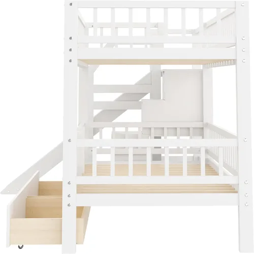 Vista 42 de Cama de casa de tamaño individual con elegantes ventanas y estantería, litera con diseño de castillo de madera con barandillas de seguridad