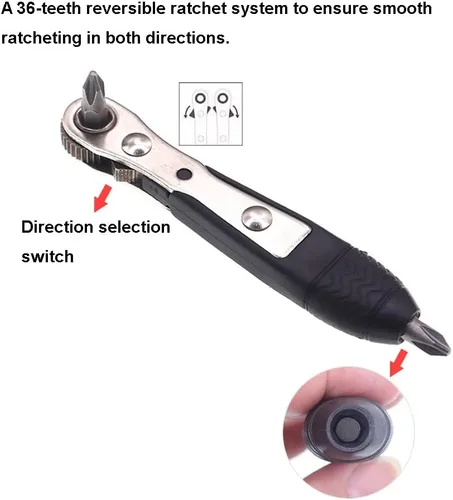 Vista 3 de Mini llave de trinquete, 2 destornilladores de ángulo recto de 1/4 pulgadas con perfil bajo, cuartos cerrados, mango de accionamiento reversible