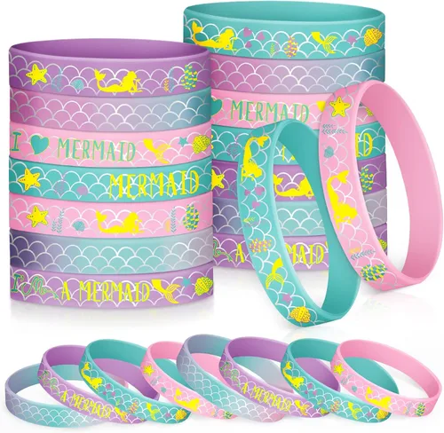 Zomiboo Paquete de 24 pulseras de silicona de sirena para cumpleaños, regalos de fiesta de sirena para niños y niñas, fiesta de cumpleaños bajo el