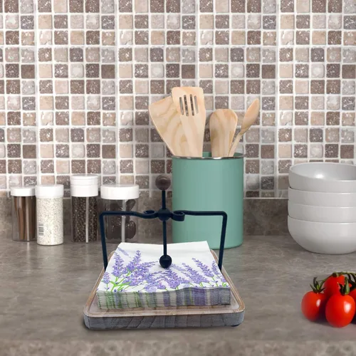 Vista 9 de Servilletero de madera rústica para mesa, decoración de mesa de cocina de granja, servilletero plano con brazo y asa con peso para el hogar, cocina