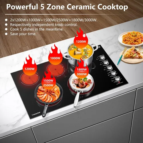 Vista 4 de AMZCHEF Placa de cocina eléctrica de 8900 W de 36 pulgadas, estufa eléctrica incorporada de 5 quemadores, estufa radiante de 36" con control