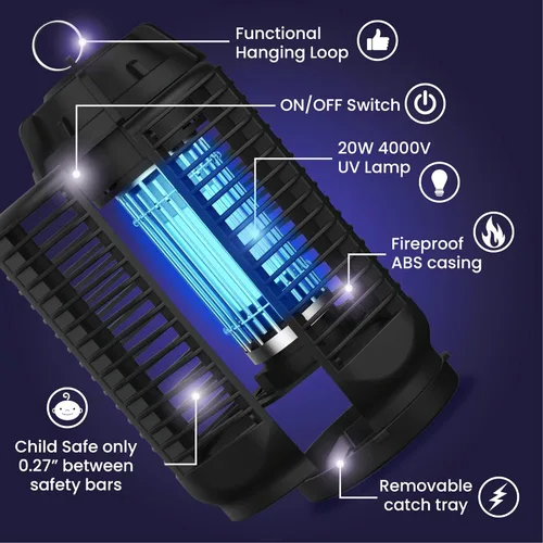 Vista 2 de LiBa Exterminador Eléctrico de Insectos, Matador de Insectos para Exteriores e Interiores con Interruptor – Rejilla Potente de 4000V, 20W Brillo