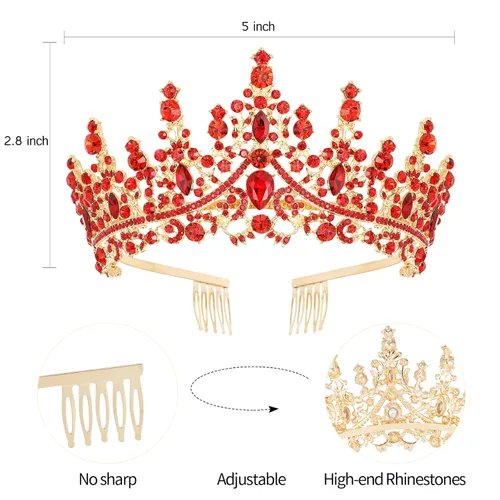 Vista 7 de Velscrun Tiara de cumpleaños de cristal rojo para mujeres y niñas, elegante corona de princesa con peinetas, banda para la cabeza, banda