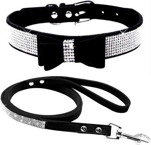 Vista 13 de Conjunto de collar y correa para perro y gato, material de piel de ante suave, deslumbrante y elegante con diamantes de imitación de cristal, collar