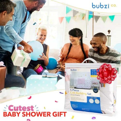 Vista 6 de Bubzi Co Juego de ropa de cama de cuna para niñas, 5 piezas, incluye 2 sábanas para cuna, edredón de algodón, manta de bebé y juego de calcomanías