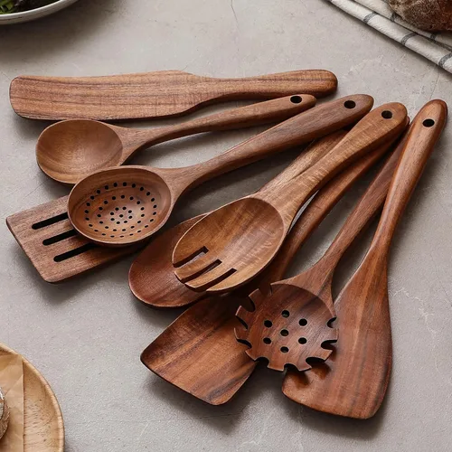 Vista 4 de Cucharas de madera para cocinar, juego de 12 utensilios de cocina de madera antiadherentes con agarre cómodo, 100% madera de teca natural