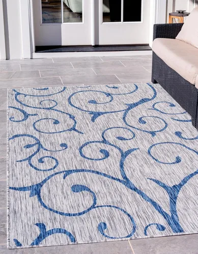 Vista 13 de Rugs.com Outdoor Botanical Collection - Alfombra de tejido plano azul de 2 x 6 pies, perfecta para pasillos y entradas