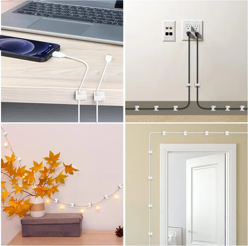 Vista 6 de 100 clips adhesivos para cables blancos (pequeños y grandes), soporte mejorado de pared para cables para organizador de cables y gestión de cables