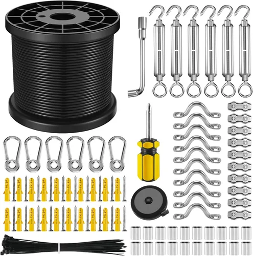 Kit de colgar luces de cadena NEREUS con cable de acero inoxidable 304 recubierto de vinilo de 200 pies, kit de suspensión de luces de cadena,