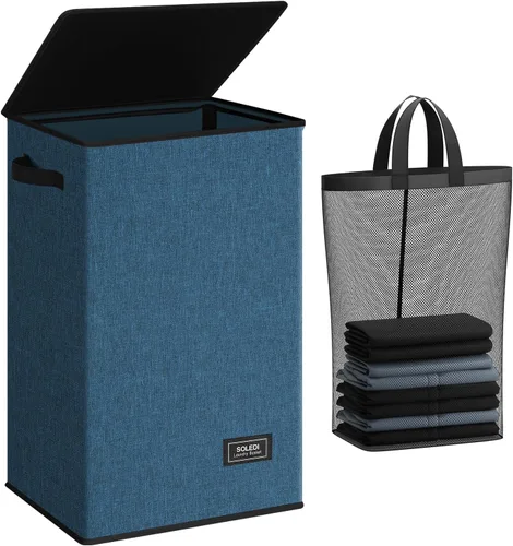 Vista 13 de SOLEDI - Canasta de lavandería con tapa de 100L, canasta de ropa plegable grande y alta, cesta de lavandería con bolsa removible fácil