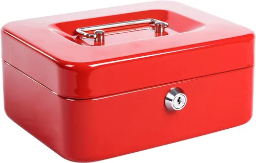 Jssmst Caja de seguridad de acero mediano con bandeja para dinero y cerradura, caja de bloqueo, rojo