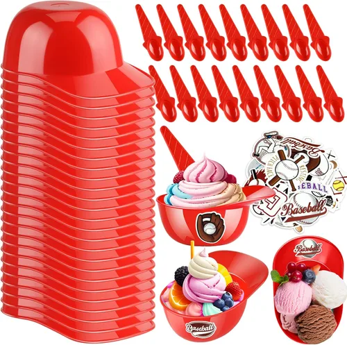 Vista 16 de MEEZY Juego de 16 cuencos de helado con diseño de casco de béisbol con 8 mini tazas de postre y 8 cucharas, 8 onzas. Cuencos reutilizables