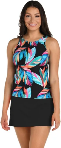 Vista 8 de Top de traje de baño tankini de cuello alto Negro/ Palmas flotantes