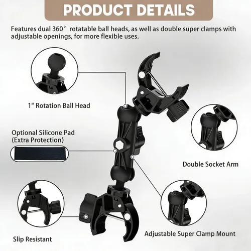 Vista 3 de Soporte de doble abrazadera con brazo mágico de 360°, abrazadera de paraguas a prueba de óxido para silla, cochecito, silla de ruedas, soporte