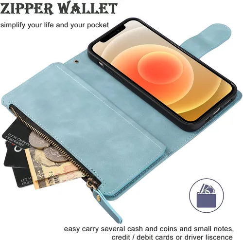 Vista 5 de RANYOK Funda tipo cartera compatible con iPhone 13 (6.1 pulgadas), piel sintética de alta calidad, con cremallera, cartera con cierre RFID