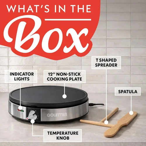 Vista 5 de Gourmia Máquina de crepas de 12 pulgadas, plancha eléctrica antiadherente para panqueques, omelettes y más, control preciso de temperatura con luces