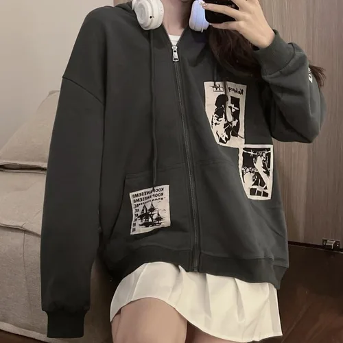 Vista 4 de Y2K - Sudadera con capucha para mujer, diseño de retazos grunge, con cremallera, Acubi Emo de gran tamaño, gótico, ropa Alt