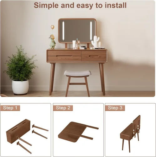 Vista 6 de KungFuWood Escritorio de tocador de madera maciza con espejo y 3 modos de iluminación, tocador de maquillaje de altura ajustable con 3 cajones, mesa
