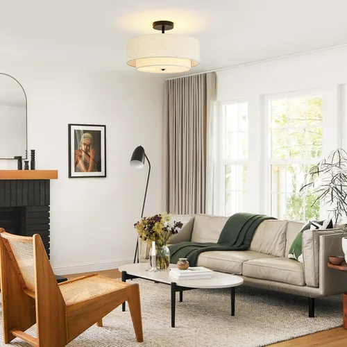 Vista 4 de Lámpara de techo semiempotrada de 16 pulgadas, lámpara de techo de 3 luces con pantalla de lino de tela de 2 niveles, lámpara de granja