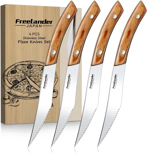 Vista 7 de Freelander Juego de 4 cuchillos de carne dentados, cuchillos japoneses de acero inoxidable de alto carbono de 4.5 pulgadas con mango de madera