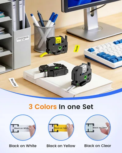 Vista 2 de Cinta para etiquetar de 0.7 pulgadas de 0.7 pulgadas compatible con Brother P Touch TZe-241 laminada negra sobre transparente/blanco/amarillo TZ