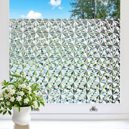 Niviy Película de privacidad para ventana, diseño de diamante 3D, vinilo no adhesivo, adhesivo estático, película decorativa para ventana, control
