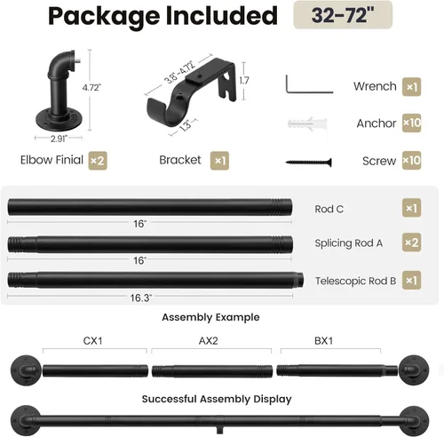 Vista 6 de Barras de cortina de 1 pulgada para ventanas de 32 a 72, barra de cortina opaca ajustable industrial para exteriores, poste de cortina envolvente