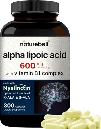 NatureBell Complejo de Ácido Alfa Lipoico, 600mg, 300 Cápsulas | Fórmula Myelinctin 4-en-1 con R-ALA, S-ALA, Tiamina y Benfotiamina | Alta Absorción