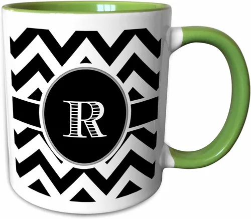 Vista 13 de 3dRose Taza de dos tonos azul con monograma de cheurón en blanco y negro inicial R 11oz