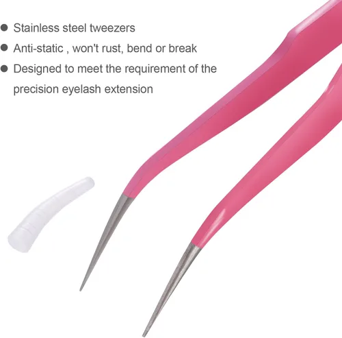Vista 4 de Hotop 2 Piezas Pinzas de punta recta y curva para extensiones de pestañas, Herramientas de aplicación de pestañas postizas de acero inoxidable rosa.