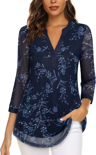 Vista 9 de Timeson - Blusas de manga de 3/4 para mujer, estilo casual, con cuello en V, camisas largas de vestir de doble capa, de malla Negro