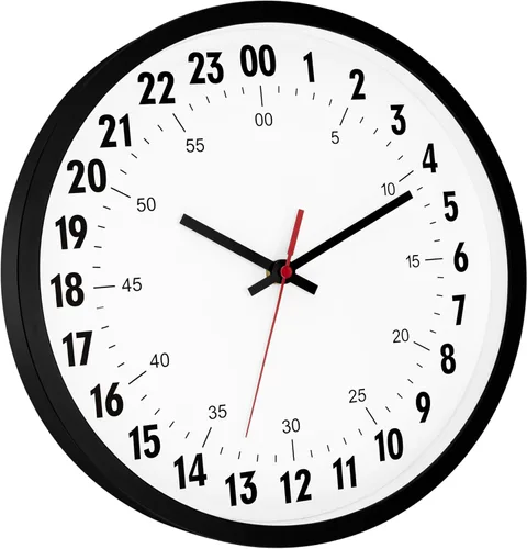 Vista 2 de Foxtop Reloj de pared de 24 horas, reloj de pared analógico redondo de cuarzo de 12 pulgadas, funciona con pilas, reloj de hora militar para aula