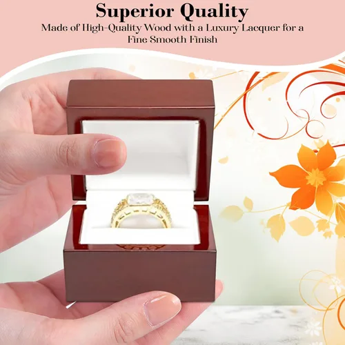 Vista 4 de Novel Box - Joyero rojo de madera de cerezo para anillos de 2.25 x 2 x 1.87 pulgadas con interior blanco, cajas de presentación de regalo de madera