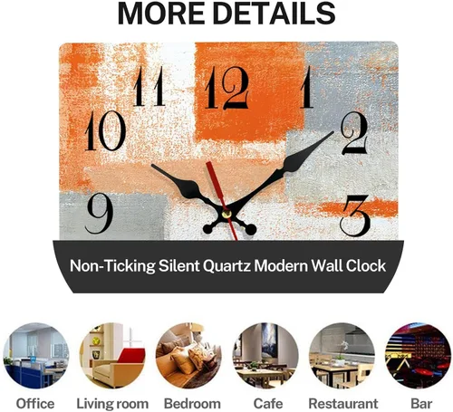 Vista 5 de ArtSocket Reloj de pared de madera, silencioso, sin tictac, abstracto, naranja, gris, geométrico, minimalista, a cuadros, cuadrado, rústico