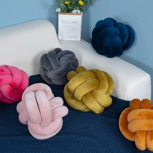Vista 9 de Almohada de nudo de bola, almohada de nudo rosa intenso, almohadas decorativas suaves para el hogar, almohada redonda de felpa rosa anudada