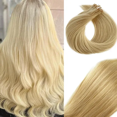 Vista 15 de Extensiones de cabello humano rubio con cinta, reflejos rubio ceniza y rubio platino, extensiones de cabello rubio platinado, cinta adhesiva
